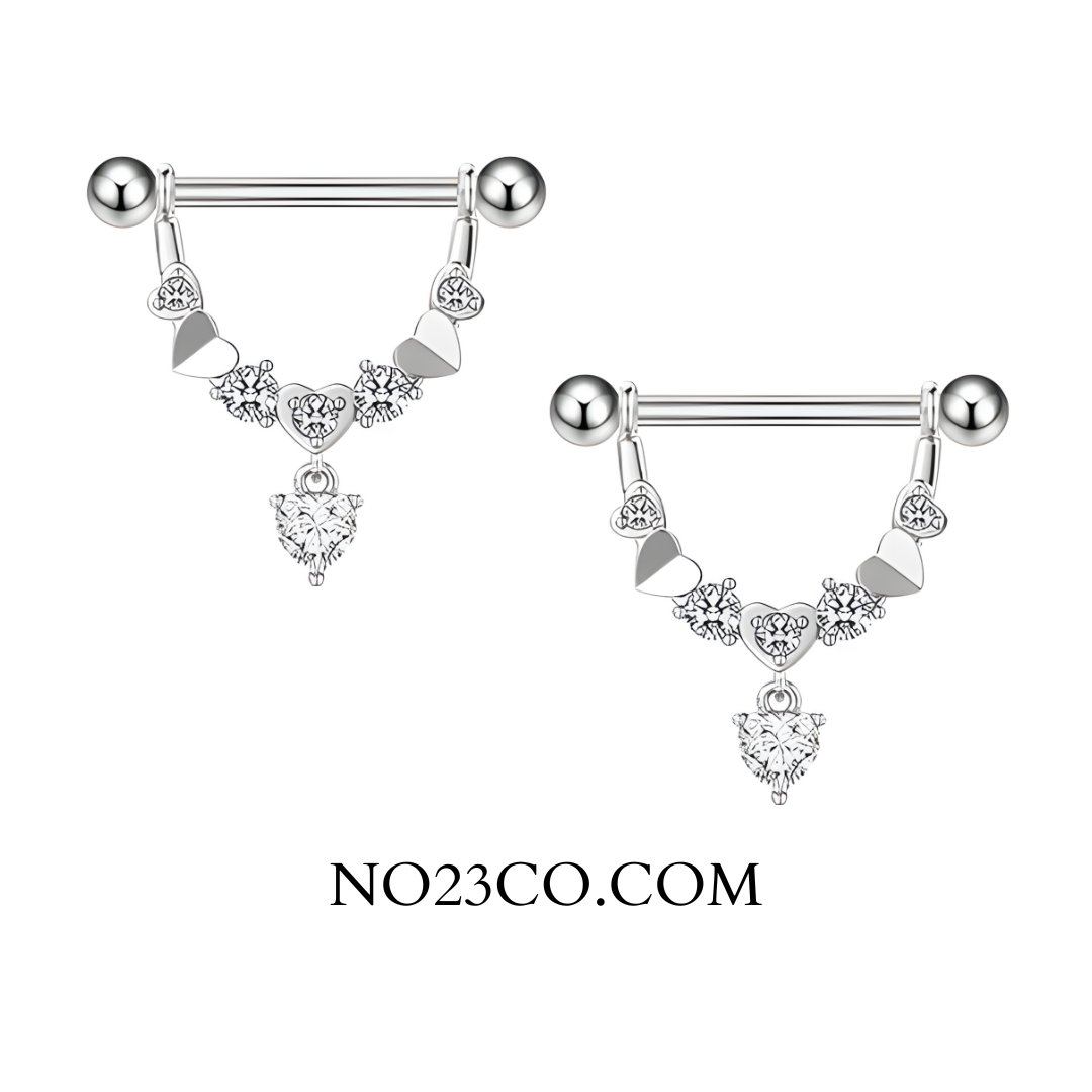 Heart Dangle Nipple Piercing Bar Shields with Cubic Zirconia – 14G Surgical Steel 316L