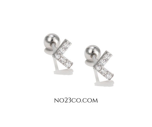 Silver Stainless Steel Ear Piercing Geometric V Shape with White 5A Zirconia Stud Pair