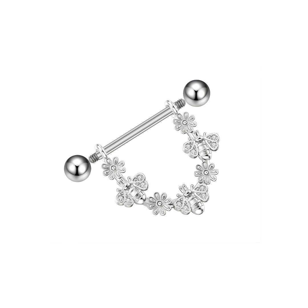 Dangle Nipple Piercing Bar Shields with Bees and Flowers – 14G Surgical Steel 316L