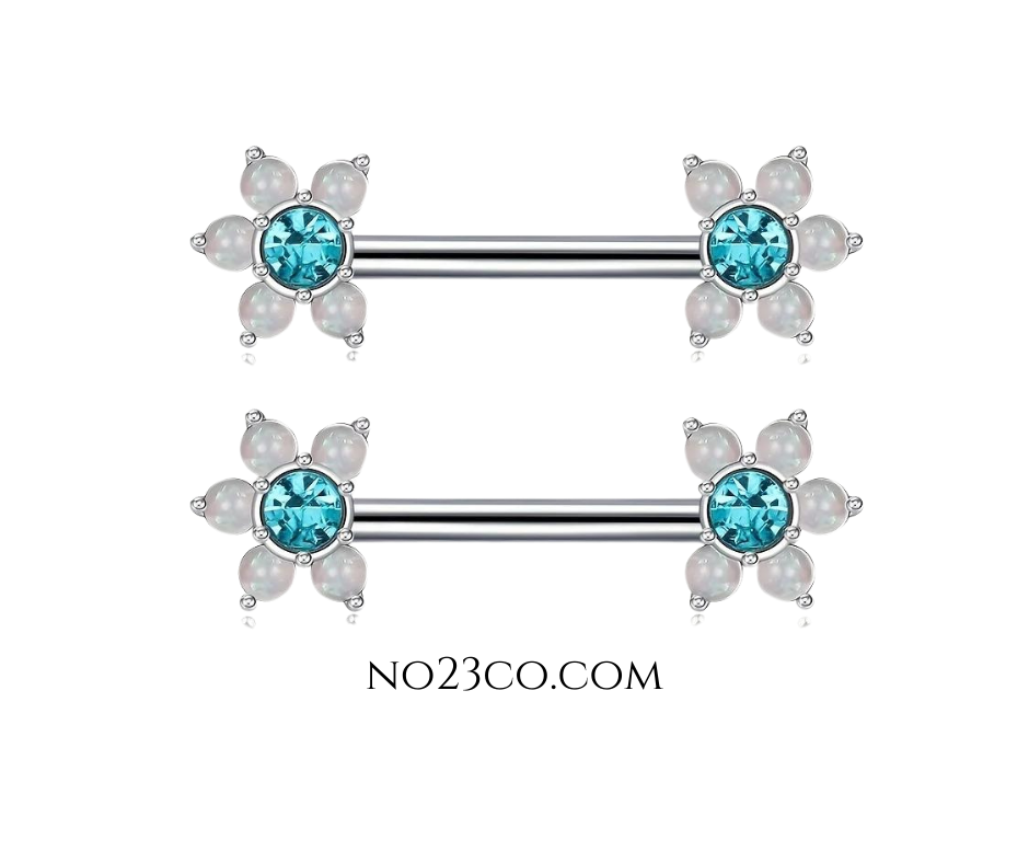 Blue Stone Flower Nipple Bar Piercing 14G Rose Gold Surgical Steel 316L - No23Co