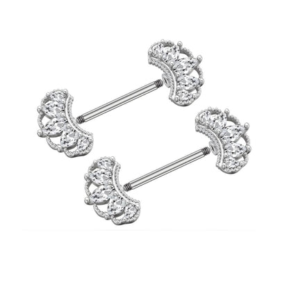 Silver Nipple Bars with Detailed Crown Cubic Zirconia - 14G Surgical Steel 316L