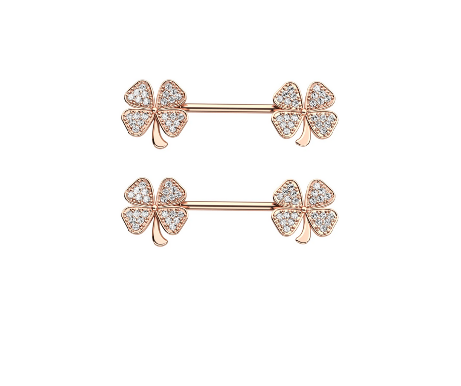 4 Leaf Clover Nipple Piercing Bar 14G Surgical Steel 316L Rose Gold