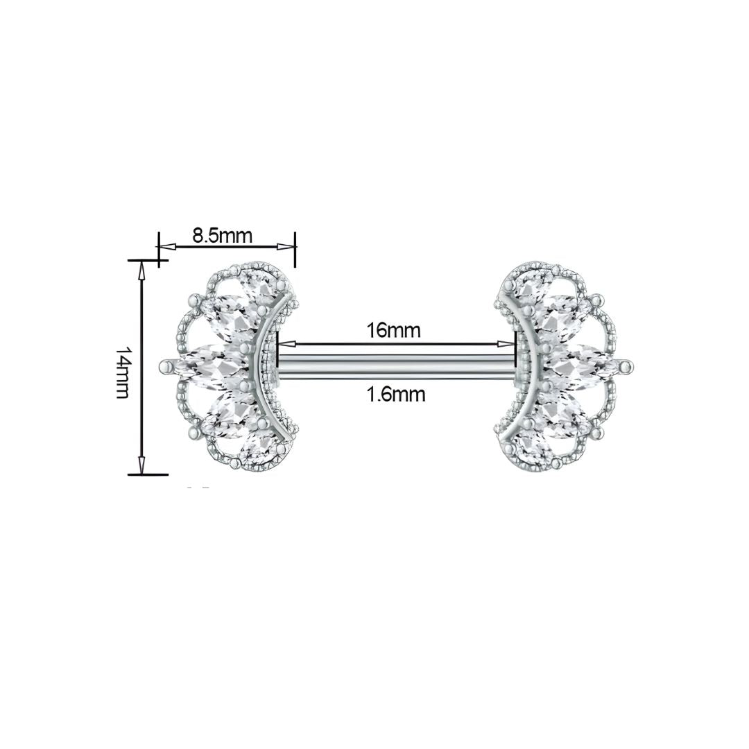 Silver Nipple Bars with Detailed Crown Cubic Zirconia - 14G Surgical Steel 316L