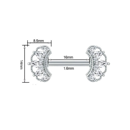 Silver Nipple Bars with Detailed Crown Cubic Zirconia - 14G Surgical Steel 316L