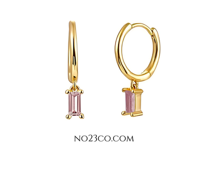 Droplet Earrings Pink Rectangle Zirconia - 18K Gold Plated 925 Sterling Silver - No23Co