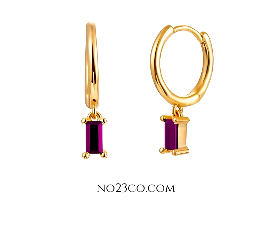 Droplet Earrings Magenta Rectangle Zirconia - 18K Gold Plated 925 Sterling Silver - No23Co