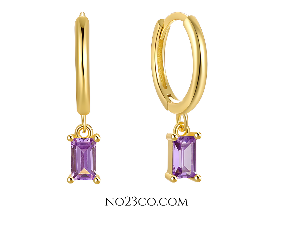 Droplet Earrings Purple Rectangle Zirconia - 18K Gold Plated 925 Sterling Silver - No23Co