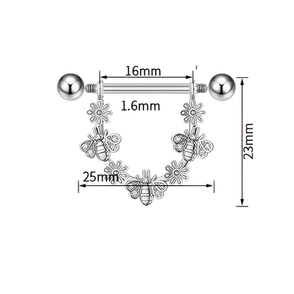 Dangle Nipple Piercing Bar Shields with Bees and Flowers – 14G Surgical Steel 316L