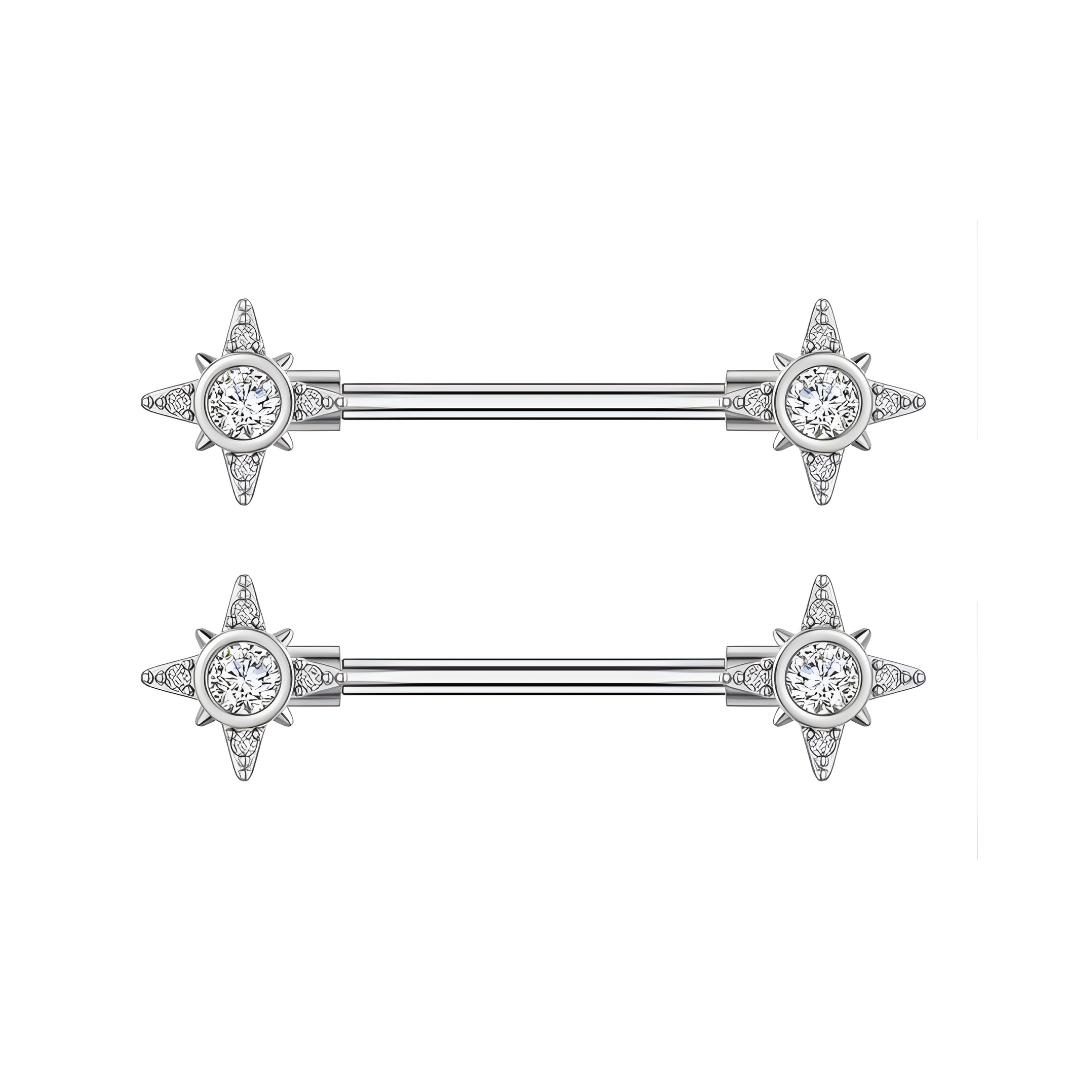 Silver Nipple Bars with Star Sparkling Cubic Zirconia - 14G Surgical Steel 316L