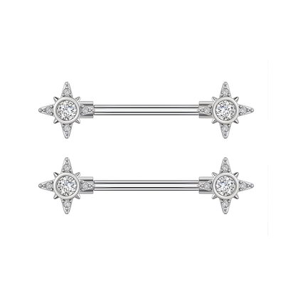 Silver Nipple Bars with Star Sparkling Cubic Zirconia - 14G Surgical Steel 316L