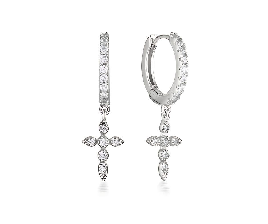 925 Sterling Silver Cross Earrings with Sparkling CZ Droplet Accents