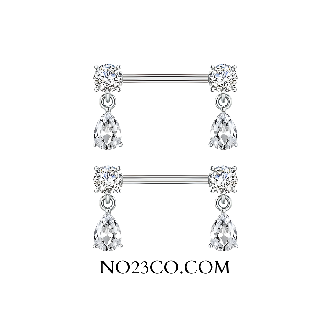 Silver Nipple Bars with Drop Dangly Ends  - 14G Surgical Steel 316L