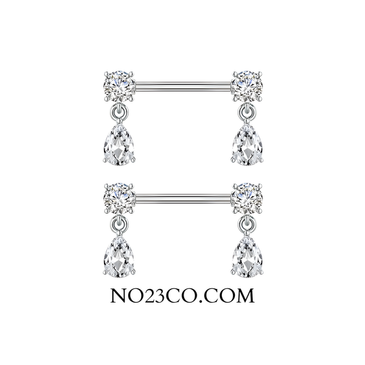 Silver Nipple Bars with Drop Dangly Ends  - 14G Surgical Steel 316L