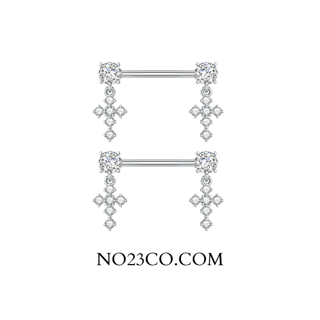 Silver Nipple Bars with Cross Dangly Ends  - 14G Surgical Steel 316L