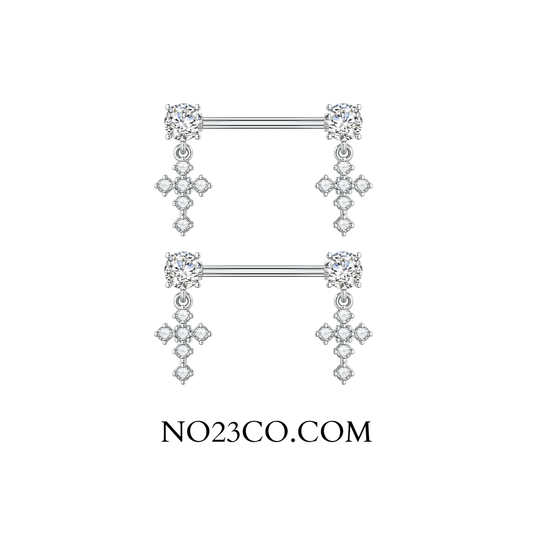 Silver Nipple Bars with Cross Dangly Ends  - 14G Surgical Steel 316L