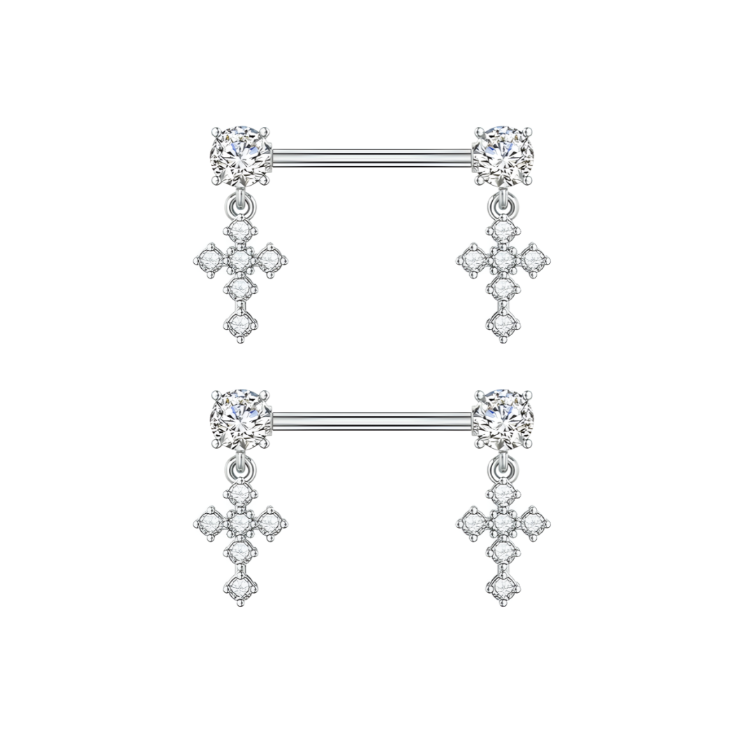 Silver Nipple Bars with Cross Dangly Ends  - 14G Surgical Steel 316L