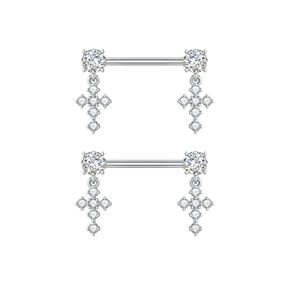 Silver Nipple Bars with Cross Dangly Ends  - 14G Surgical Steel 316L