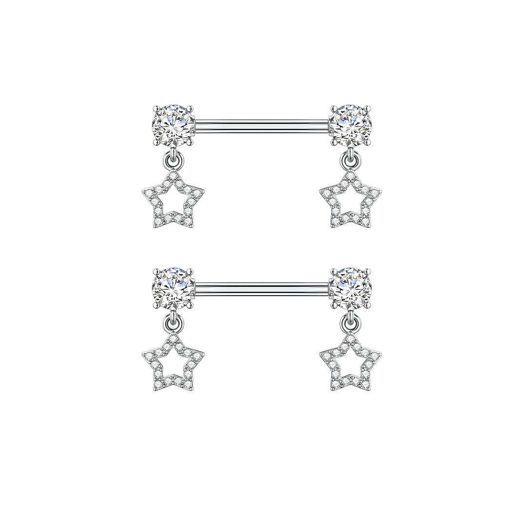 Silver Nipple Bars with Star Dangly Ends  - 14G Surgical Steel 316L