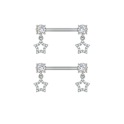 Silver Nipple Bars with Star Dangly Ends  - 14G Surgical Steel 316L