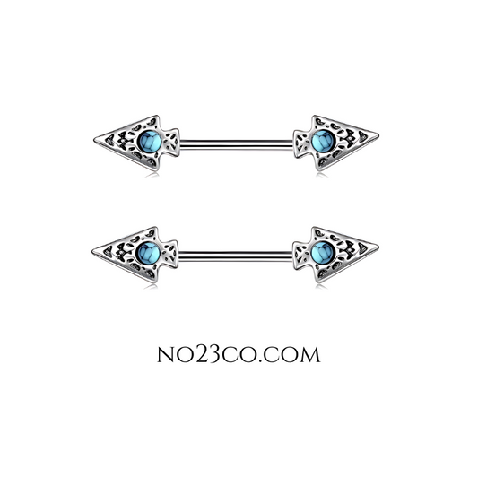 Arrow Nipple Bars Piercing Jewelry with Turquoise Cubic Zirconia made or 14G Surgical Steel 316L by No23Co.com