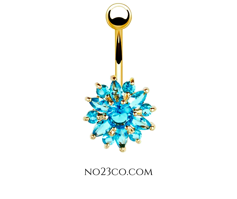 Belly Button Piercing Blue Blossom 14G Navel - Surgical Steel 316L with 5A CZ - No23Co