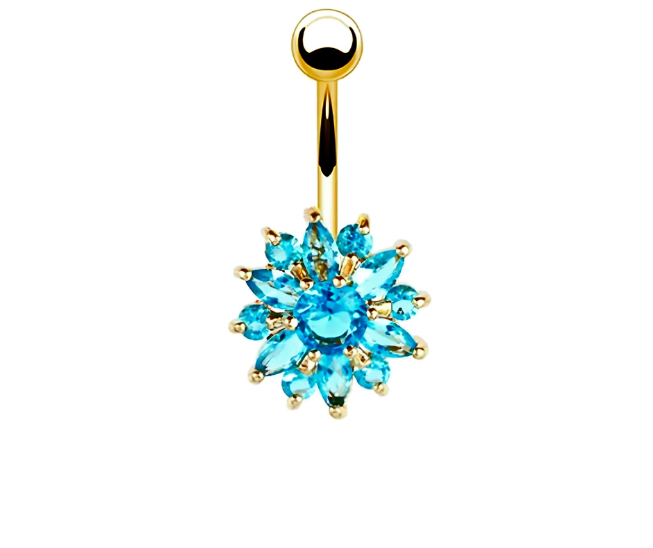 Belly Button Piercing Blue Blossom Flower Stone Navel Ring - 14G Surgical Steel 316L