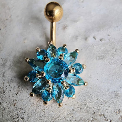 Belly Button Piercing Blue Blossom Flower Stone Navel Ring - 14G Surgical Steel 316L