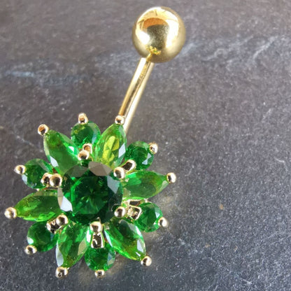 Belly Button Piercing Green Flower Stone Navel Ring - 14G Surgical Steel 316L