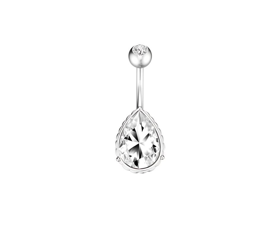 Belly Button Piercing Navel Ring Drop Surgical Steel 316L Silver with 5A White Zirconia - No23Co