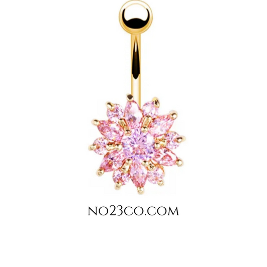 Belly Button Piercing Pink Flower Stone Navel Piercing made of 14G Premium Surgical Steel 316L - No23Co