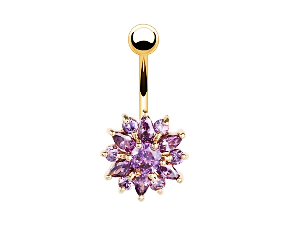 Belly Button Piercing Purple Flower Stone Navel Ring- 14G Surgical Steel 316L