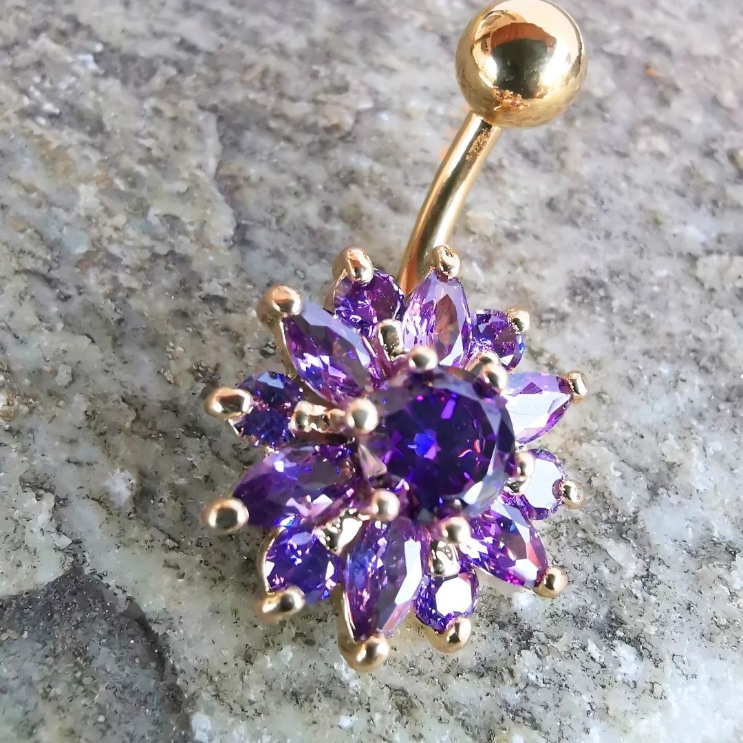 Belly Button Piercing Purple Flower Stone Navel Ring- 14G Surgical Steel 316L