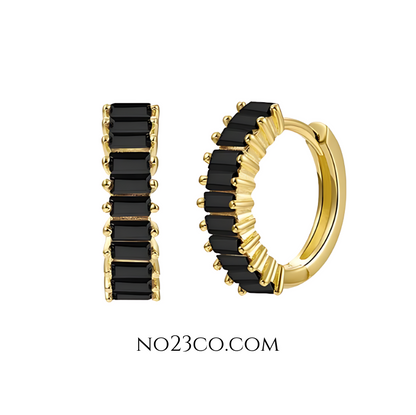Black zirconia huggie earrings crafted in 18K gold-plated 925 sterling silver, featuring rectangular-cut clear stones and a minimalist hoop design.
