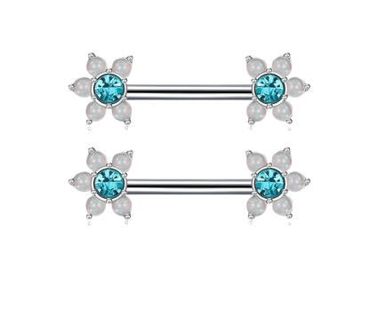 Blue Stone Flower Nipple Bar Piercing 14G Silver Surgical Steel 316L