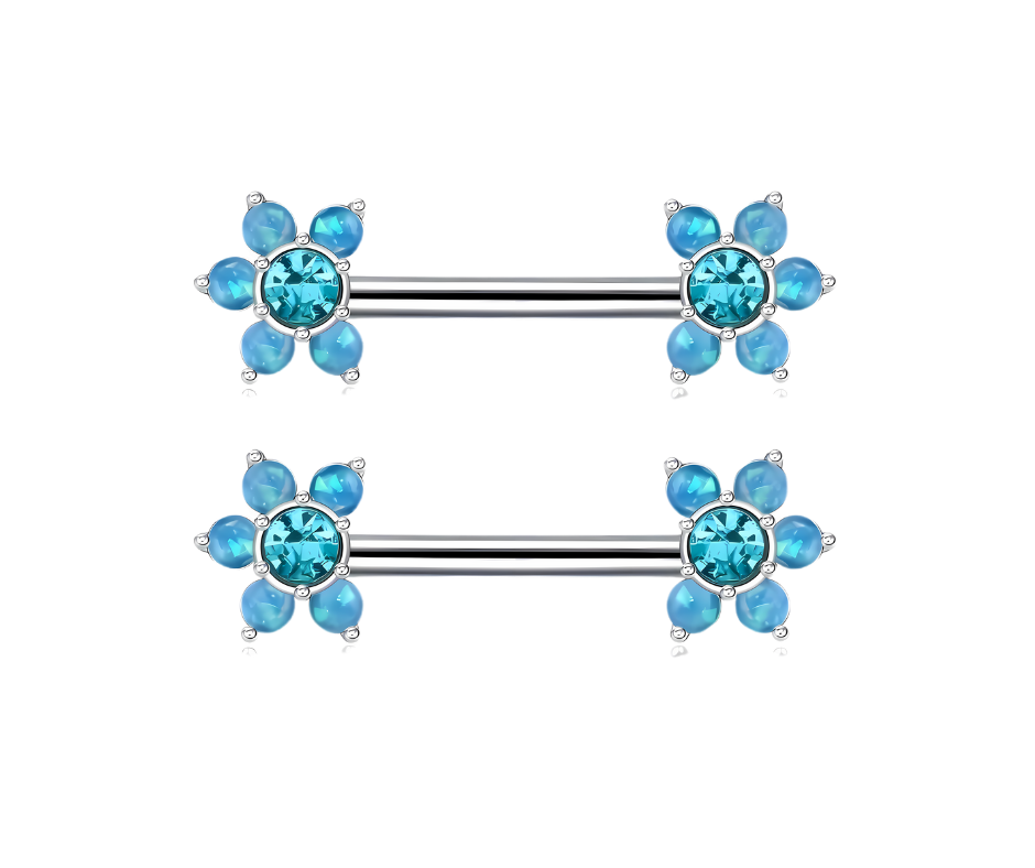 Blue Stone Flower Nipple Bar Piercing 14G Silver Surgical Steel 316L - No23Co