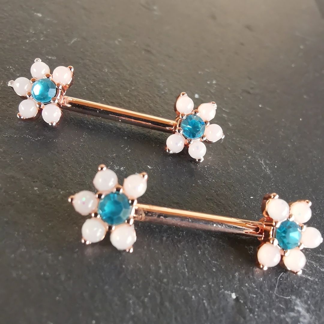 Blue Stone Flower Nipple Bar Piercing 14G Rose Gold Surgical Steel 316L