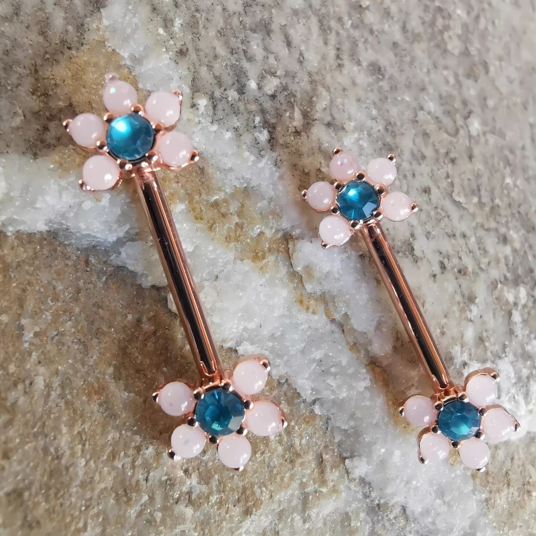 Blue Stone Flower Nipple Bar Piercing 14G Rose Gold Surgical Steel 316L