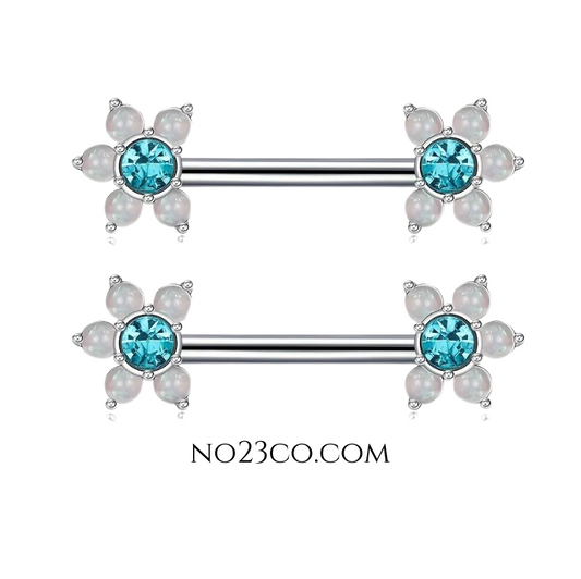 Blue Stone Flower Nipple Bar Piercing 14G Silver Surgical Steel 316L by No23Co.com