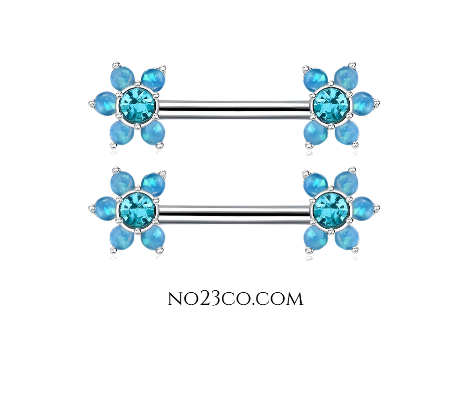 Blue Stone Flower Nipple Bar Piercing 14G Silver Surgical Steel 316L Blue Pearl - No23Co