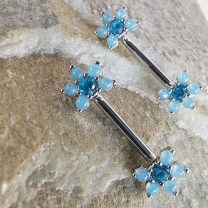 Blue Stone Flower Nipple Bar Piercing 14G Silver Surgical Steel 316L Blue Pearl