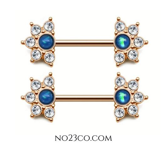 Blue Stone Mandala Flower Nipple Bar Piercing 14G Gold Surgical Steel 316L - No23Co