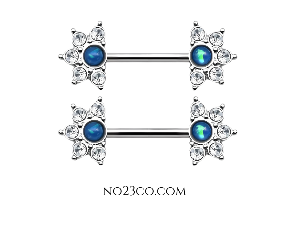 Blue Stone Mandala Flower Nipple Bar Piercing 14G Silver Surgical Steel 316L - No23Co