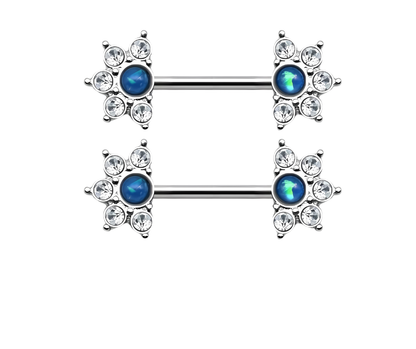 Blue Stone Mandala Flower Nipple Piercing Bar 14G Silver Surgical Steel 316L