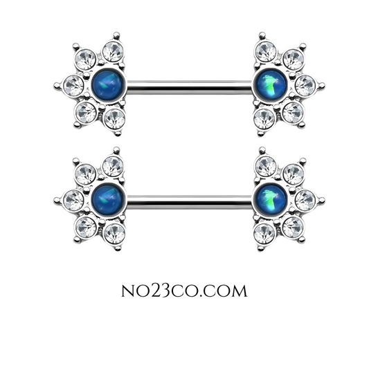 Blue Stone Mandala Flower Nipple Piercing Bar 14G Silver Surgical Steel 316L - No23Co