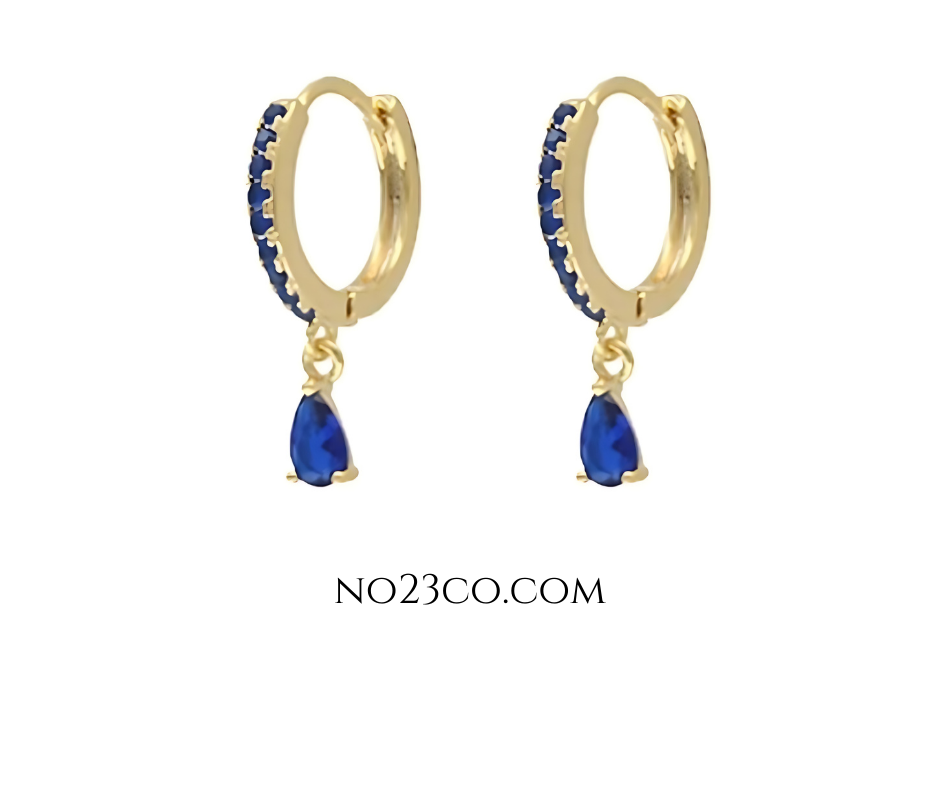 Blue Zirconia Droplet Earrings Piercing Pair -18K Gold Plated Sterling Silver 925 - No23Co