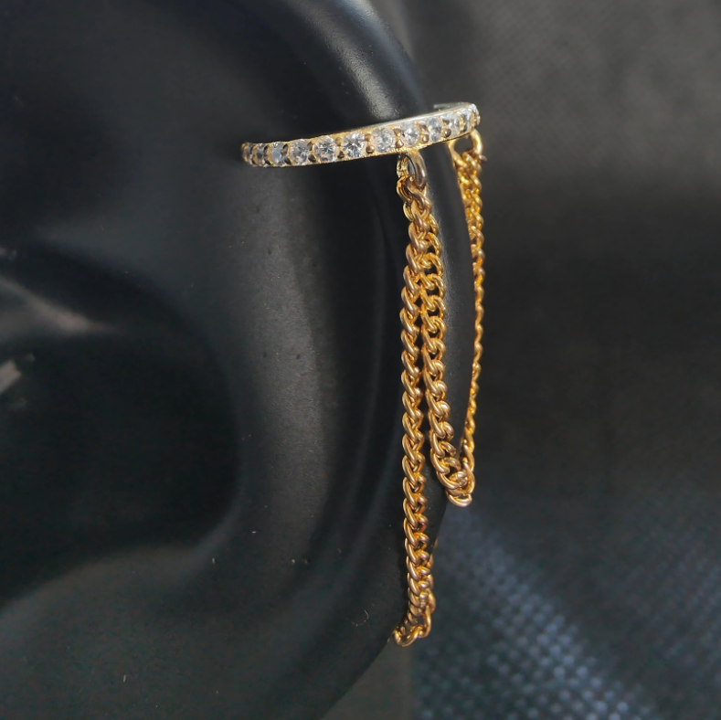 Chained Ear Cuff No Piercing Jewelry with CZ - 18K Gold Plated 925 Sterling Silver Earring