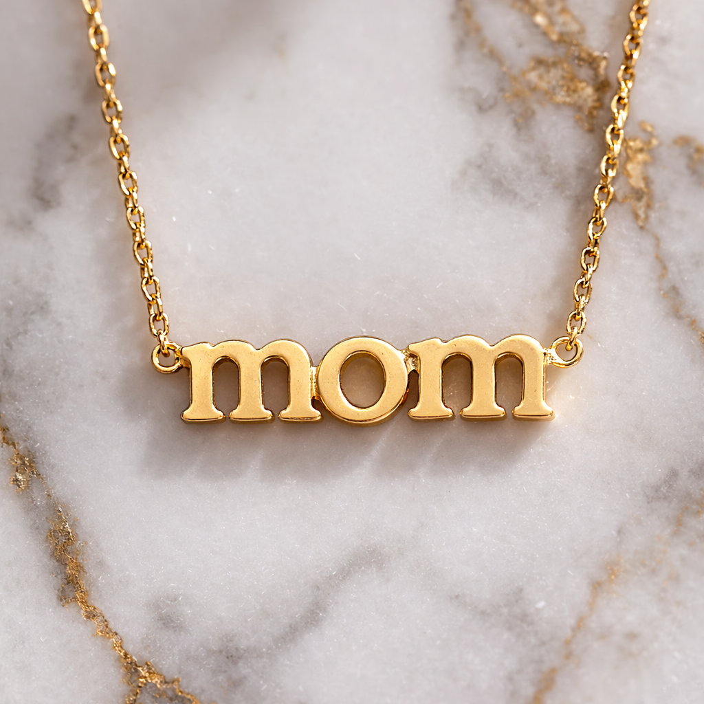 Gold 'mom' necklace on a marble background