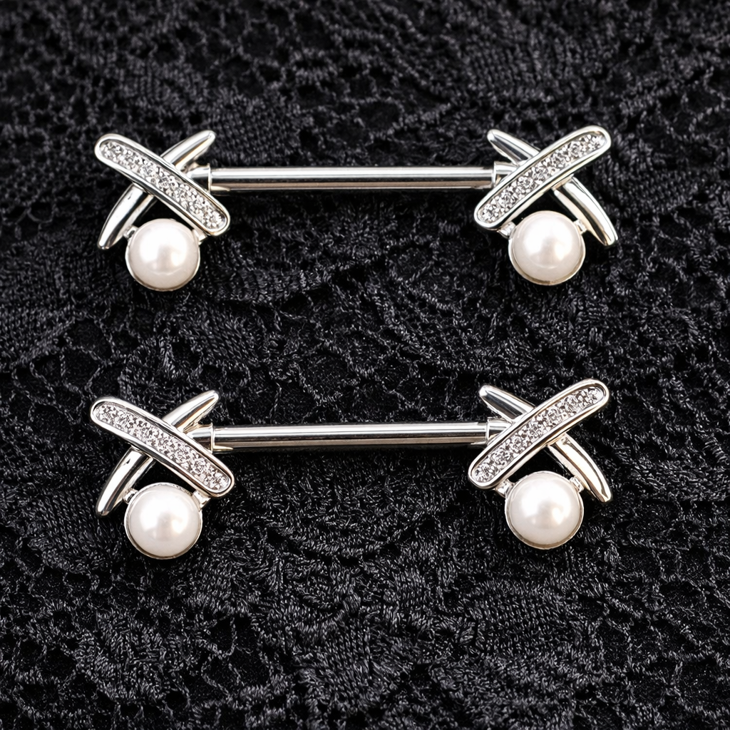 Silver Nipple Bars XO with Synthetic Pearl - 14G Surgical Steel 316L