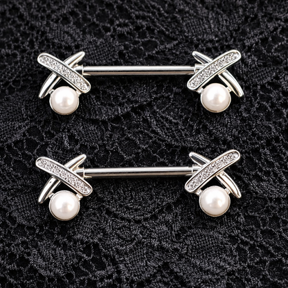 Silver Nipple Bars XO with Synthetic Pearl - 14G Surgical Steel 316L