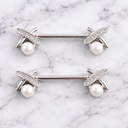 Silver Nipple Bars XO with Synthetic Pearl - 14G Surgical Steel 316L